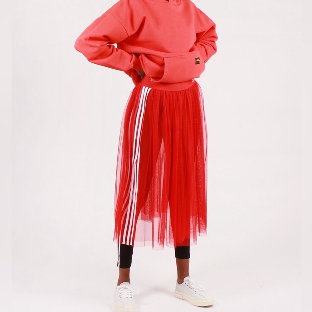 adidas Red Tulle Midi Skirt with Side Stripes